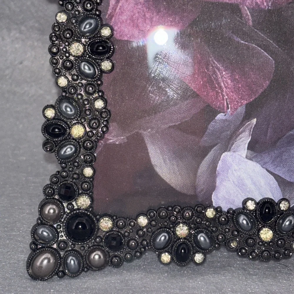 Ornate Jeweled Metal Picture Frame 5‎ X 7 Rhinestones Faux Onyx Silver Tone EUC